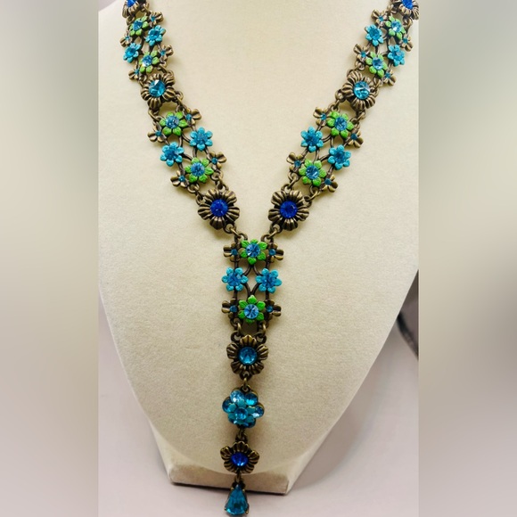 Jewelry - Vintage Michael Morrison MX flower Y drop necklace. Crystals and enamel accents